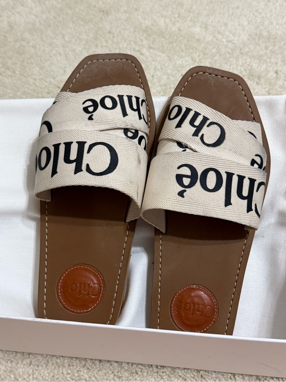 Chloé Beige Canvas Logo Slide Sandals with Brown Footbed - Picture 3 of 5